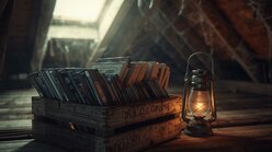 Render a photorealistic scene (1500x500) of an old attic (_grenier_) with wooden beams, cobwebs, and a slanted roof window letting in soft daylight. In the center, a wooden crate overflowing with DVD and Blu‑Ray -2